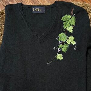 LeRoy Women's Black V-Neck Sweater with Leaf Embroidery